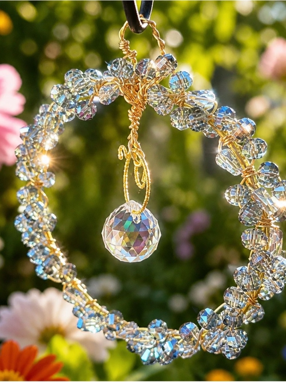 Crystal Hoop Pendant Necklace in Iridescent Clear and Gold
